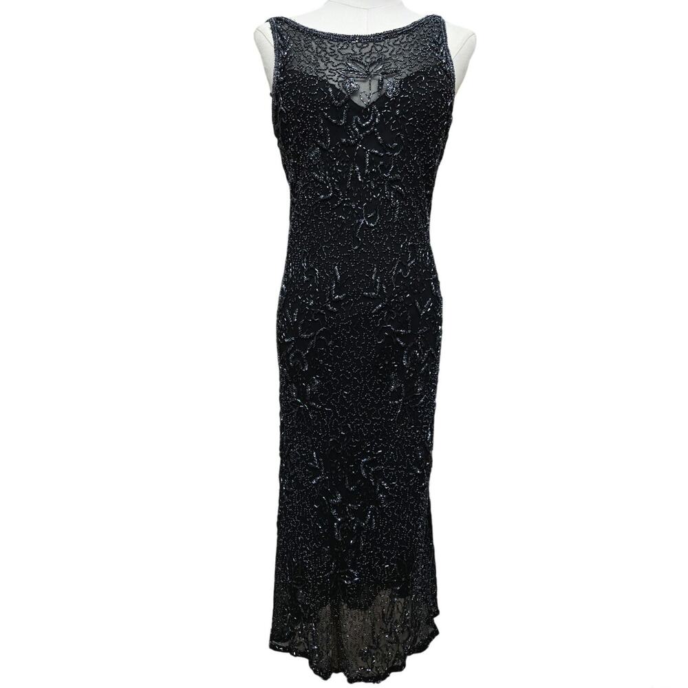 Scala Vtg 90s Y2K Art Deco Glam Lux Black Silk Beaded Low Back Midi Gown Dress L